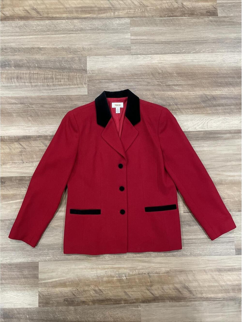 Vintage Talbots Petites Womens 12P Red Blazer Jacket 100% Wool With Black Accent
